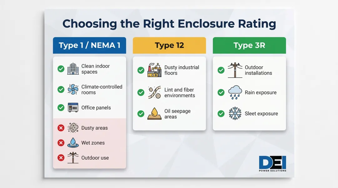 Type 1 versus Type 12 versus Type 3R enclosure rating environment suitability comparison