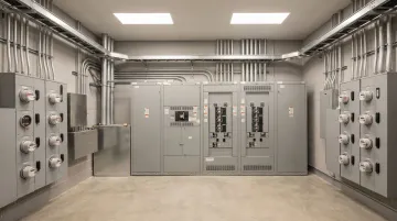 Industrial electrical control room with Type 1 metal enclosures housing switchgear panels