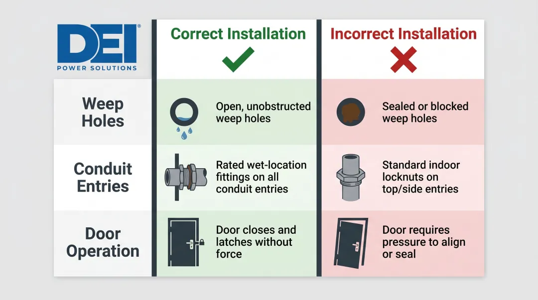 NEMA 3R enclosure correct versus incorrect installation indicators comparison chart