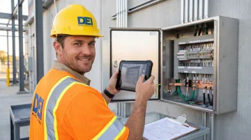 Electrician documenting NEMA enclosure interior before closing with camera and field notes