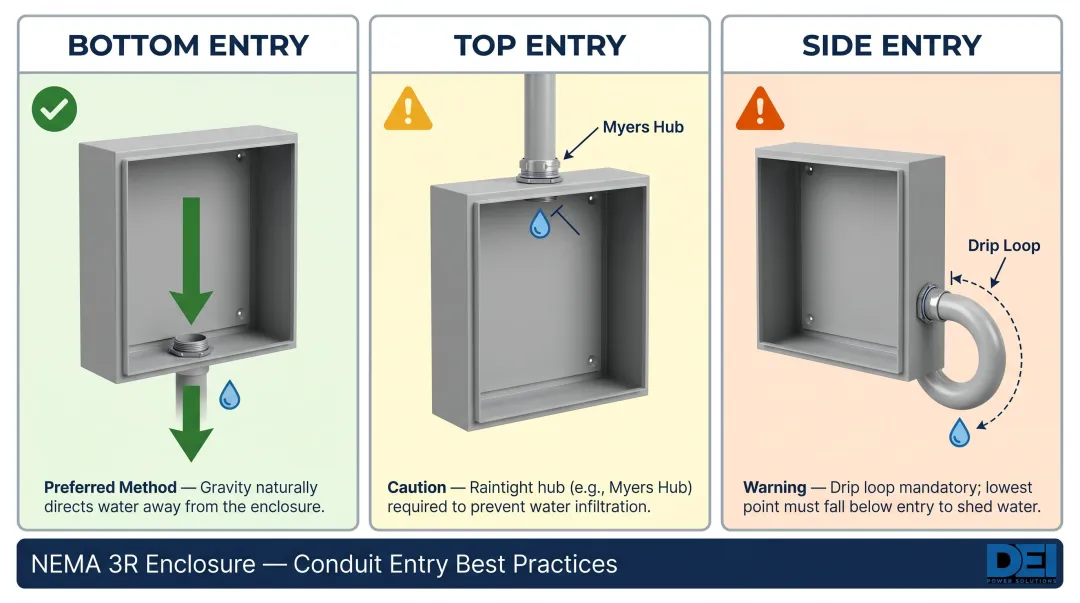 Three NEMA 3R conduit entry types bottom top and side installation methods