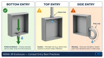 Three NEMA 3R conduit entry types bottom top and side installation methods