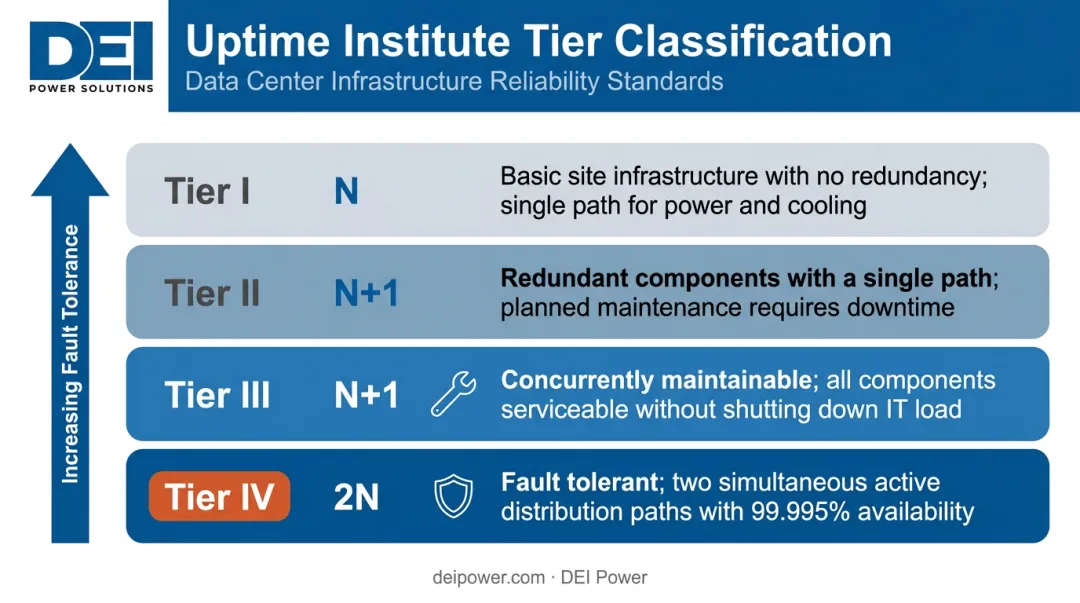 Uptime Institute Tier I through Tier IV redundancy levels and requirements comparison