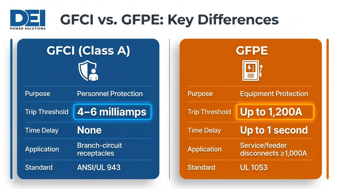 GFCI versus GFPE side-by-side comparison of trip thresholds and applications