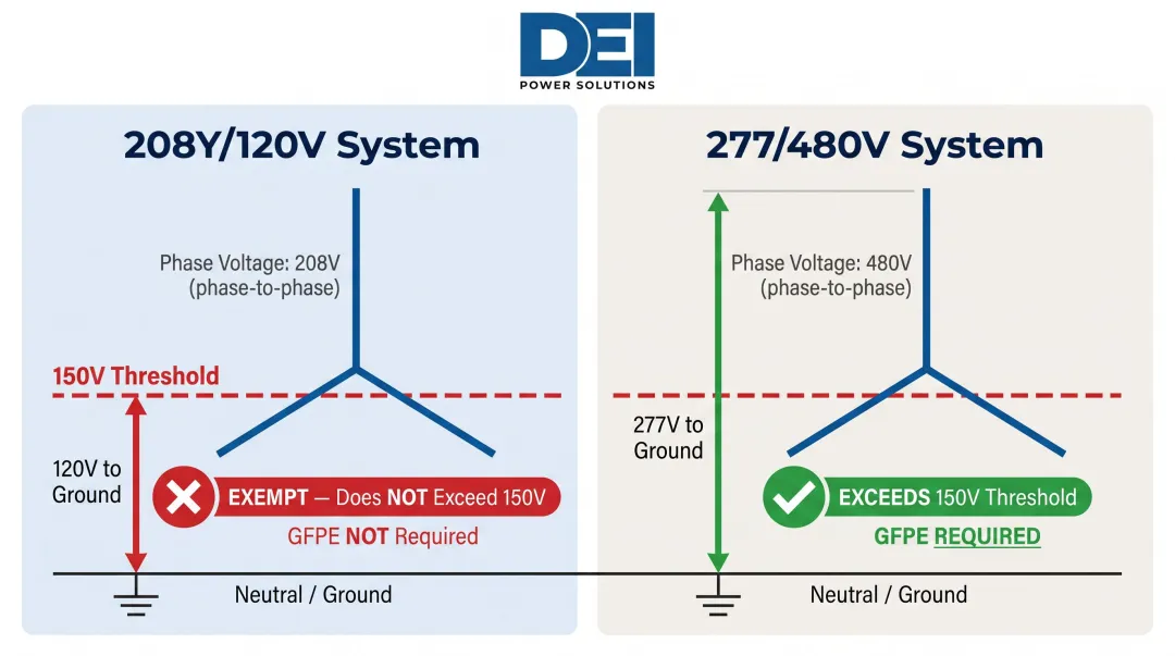 480V versus 208V system voltage-to-ground GFPE threshold comparison diagram