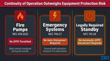 NEC GFPE exceptions for fire pumps emergency systems and standby power comparison table
