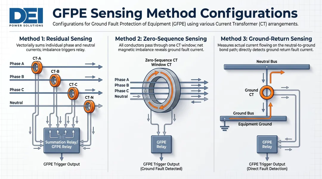 Three GFPE sensing methods residual zero-sequence and ground-return CT configurations