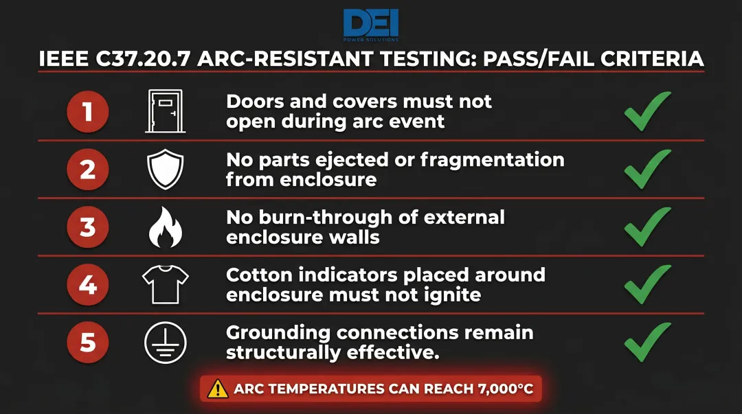 IEEE C37.20.7 arc-resistant switchgear five pass-fail testing criteria infographic