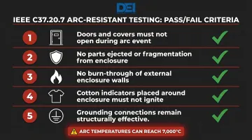IEEE C37.20.7 arc-resistant switchgear five pass-fail testing criteria infographic