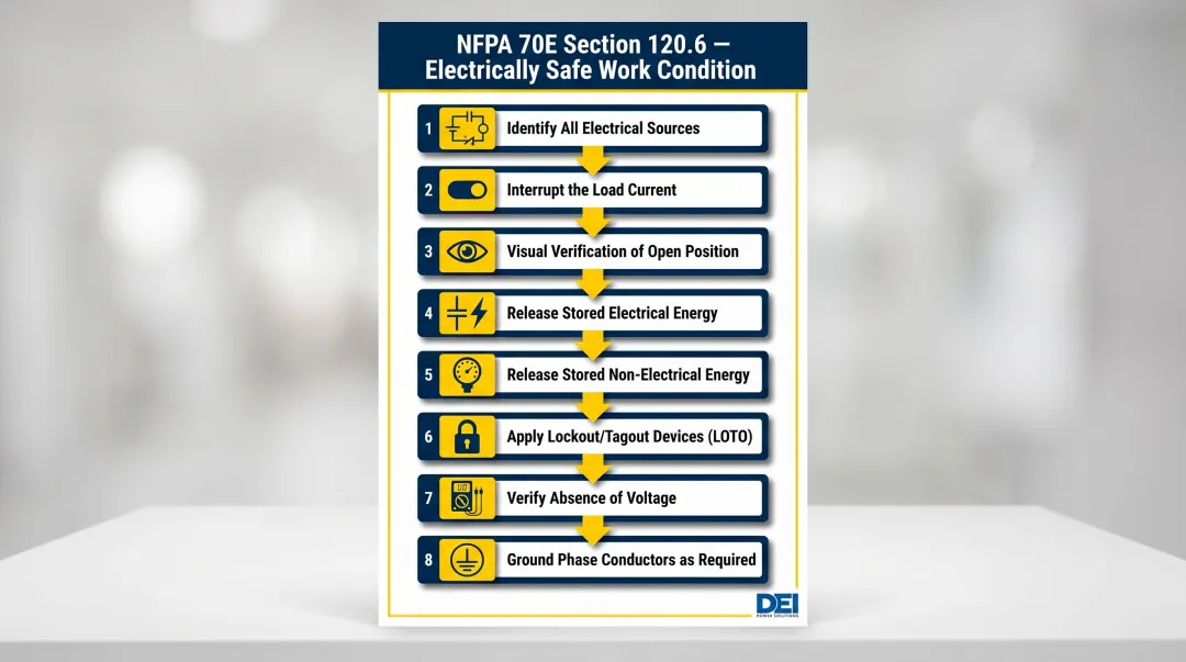 NFPA 70E 8-step electrically safe work condition procedure for switchgear testing