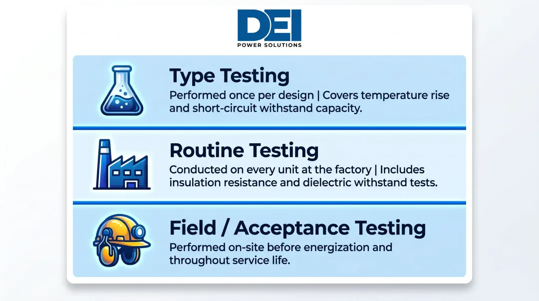 Three categories of low voltage switchgear testing type routine and field