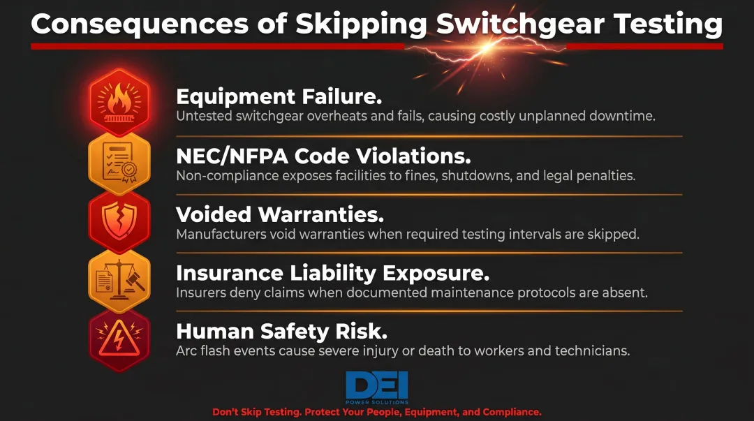 Five operational and compliance consequences of untested low voltage switchgear infographic