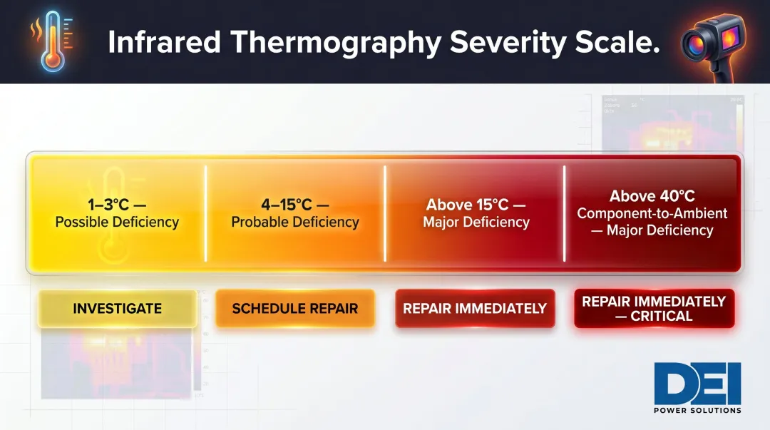 Infrared thermography temperature differential severity scale for electrical connection defects