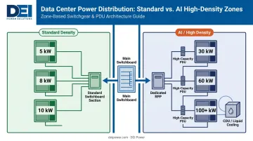 AI compute zone power distribution architecture showing high-density versus standard-density rack zones