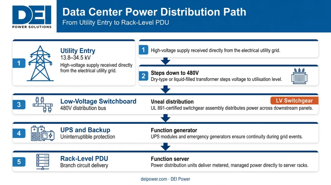 5-layer data center power distribution path from utility entry to server rack
