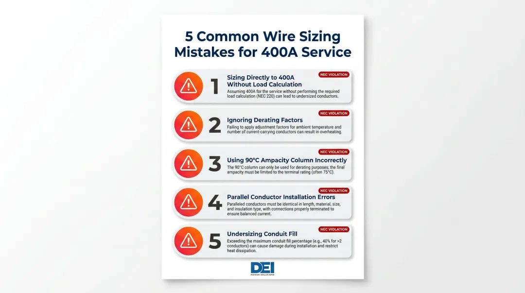 Five common 400 amp service wire sizing mistakes and NEC code violations infographic