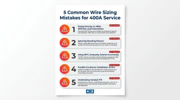 Five common 400 amp service wire sizing mistakes and NEC code violations infographic