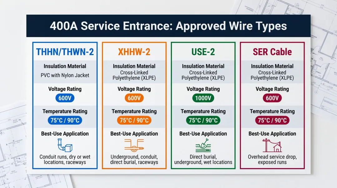 Four approved wire types for 400 amp service entrance installation comparison chart