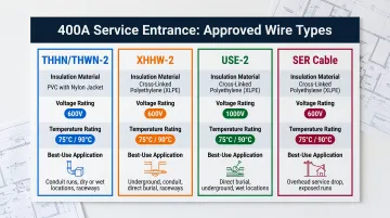 Four approved wire types for 400 amp service entrance installation comparison chart
