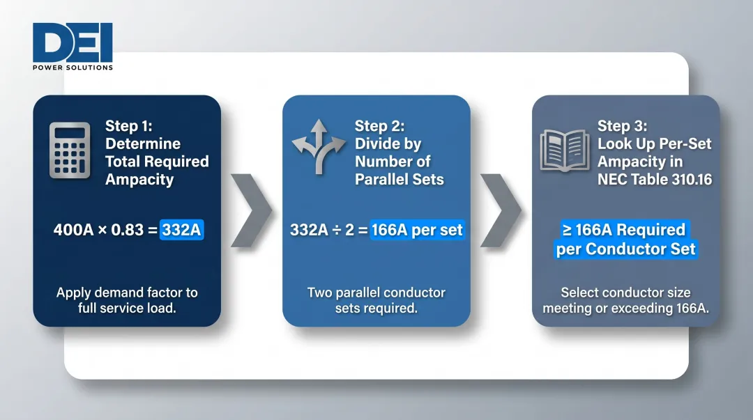 3-step parallel conductor sizing calculation process for 400 amp residential service