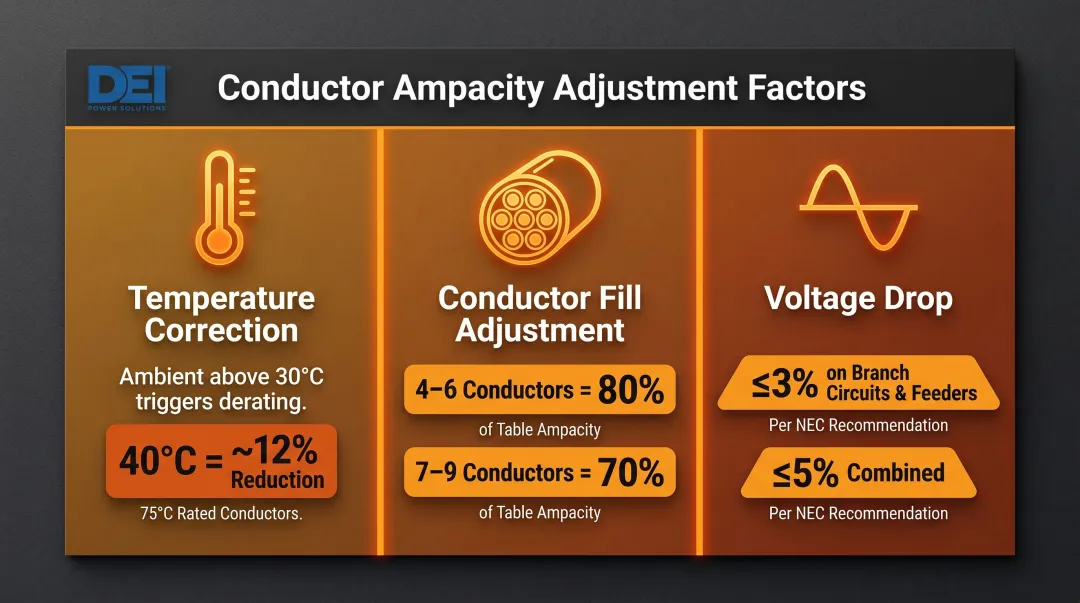 Three NEC derating factors for 400 amp service conductor ampacity adjustment infographic