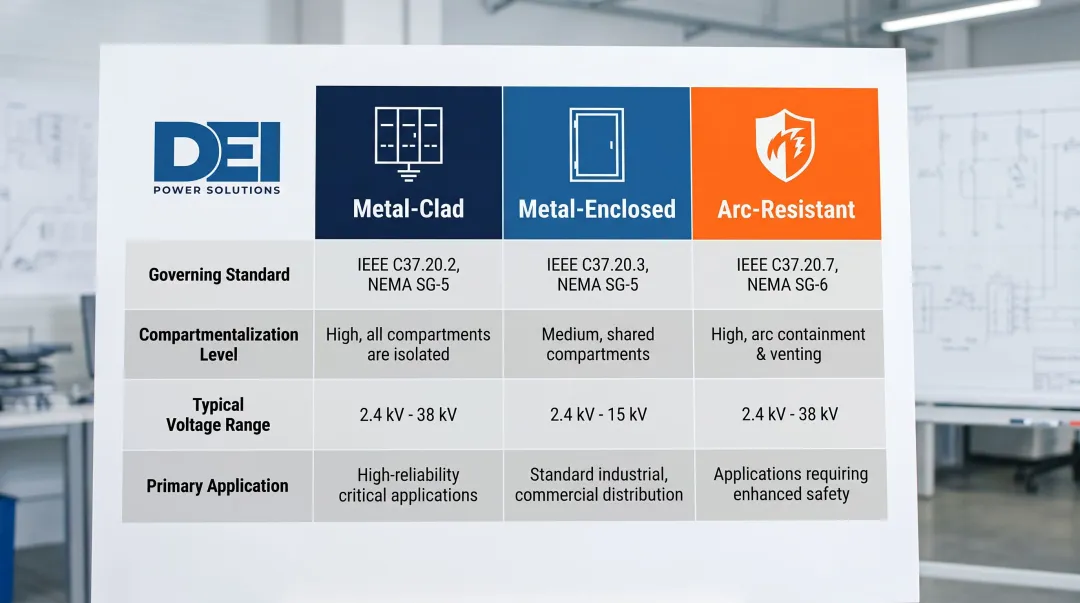 Three switchgear construction types metal-clad metal-enclosed arc-resistant comparison chart