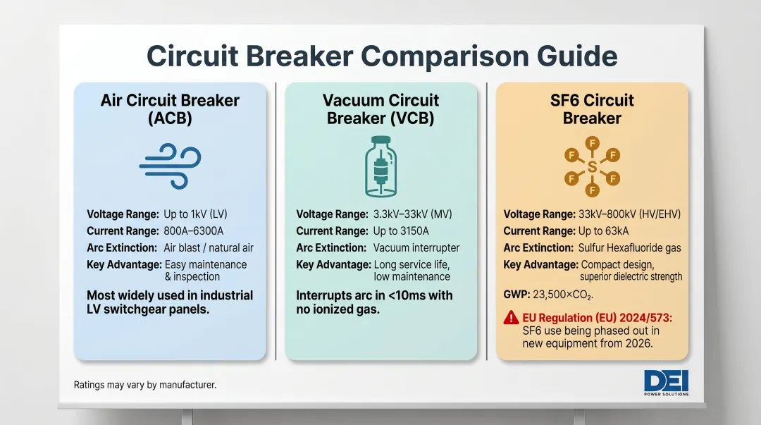 Three industrial circuit breaker types ACB VCB SF6 features and applications comparison