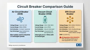 Three industrial circuit breaker types ACB VCB SF6 features and applications comparison