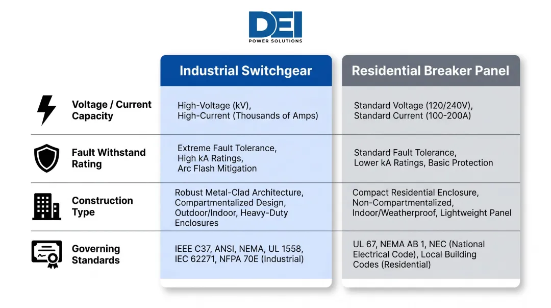 Industrial switchgear versus residential breaker panel key differences comparison infographic