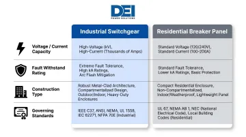 Industrial switchgear versus residential breaker panel key differences comparison infographic