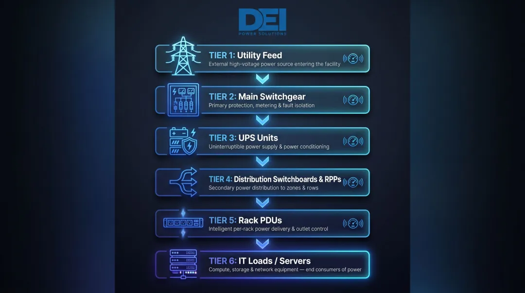 Six-tier data center power distribution hierarchy from utility feed to IT loads