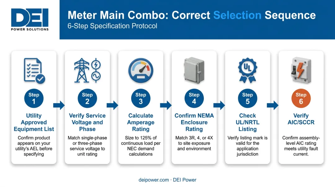6-step meter main combo selection sequence from utility approval to fault current verification
