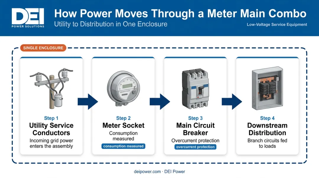 Meter main combo power flow diagram from utility service to downstream circuits