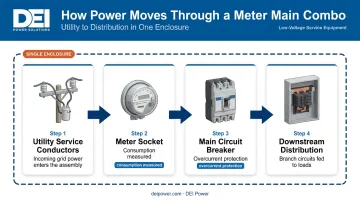 Meter main combo power flow diagram from utility service to downstream circuits