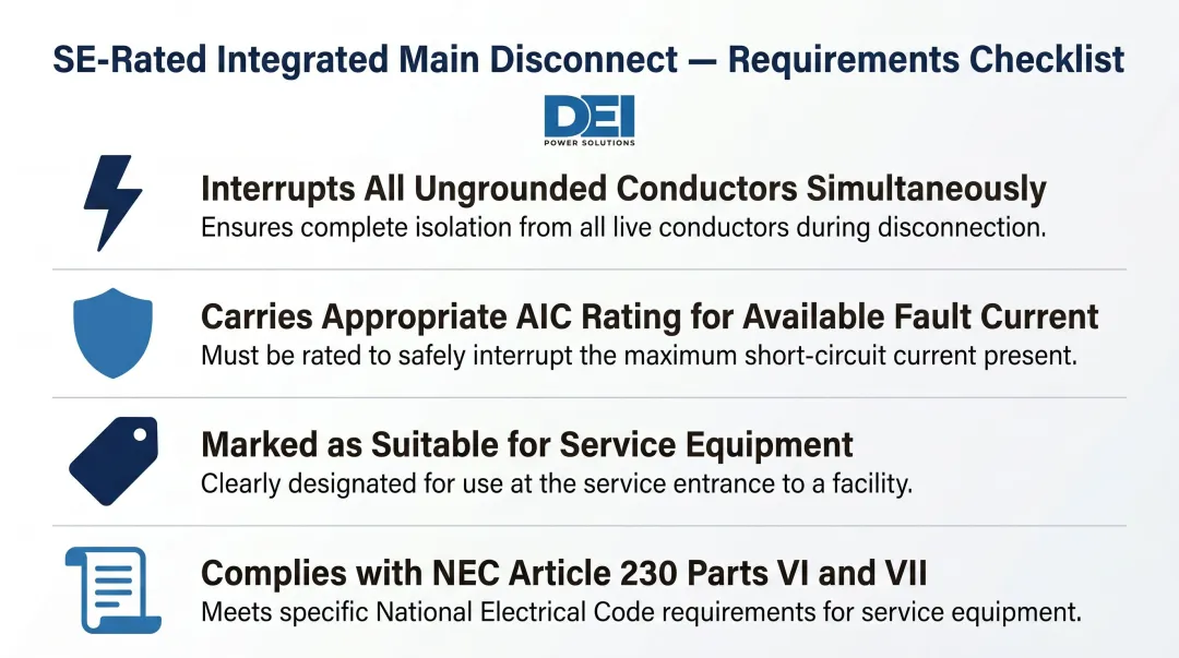 Four NEC requirements for SE-rated switchgear integrated main disconnect compliance