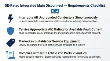 Four NEC requirements for SE-rated switchgear integrated main disconnect compliance