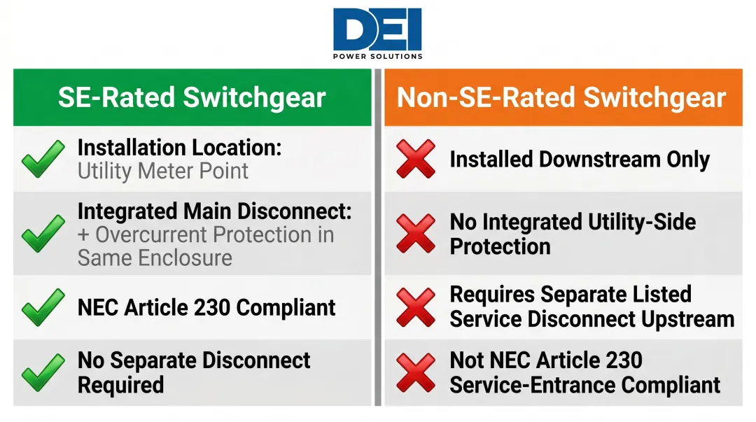 Service entrance-rated versus non-SE-rated switchgear side-by-side installation comparison