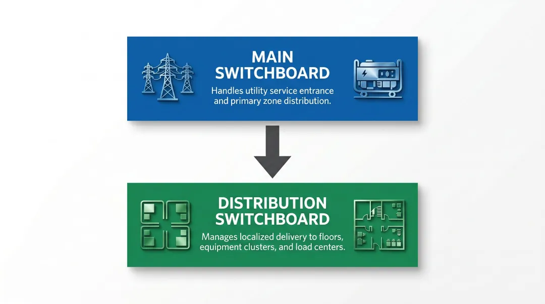 Main versus distribution switchboard hierarchy diagram showing power flow roles