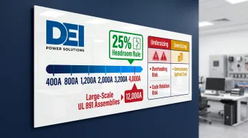 Switchboard bus amperage sizing range and NEC headroom recommendation comparison infographic
