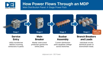 MDP power flow process from service entry through main breaker to branch circuits
