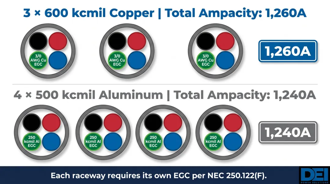 1200A service parallel conductor configurations with ampacity totals and EGC requirements per raceway
