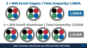 1200A service parallel conductor configurations with ampacity totals and EGC requirements per raceway