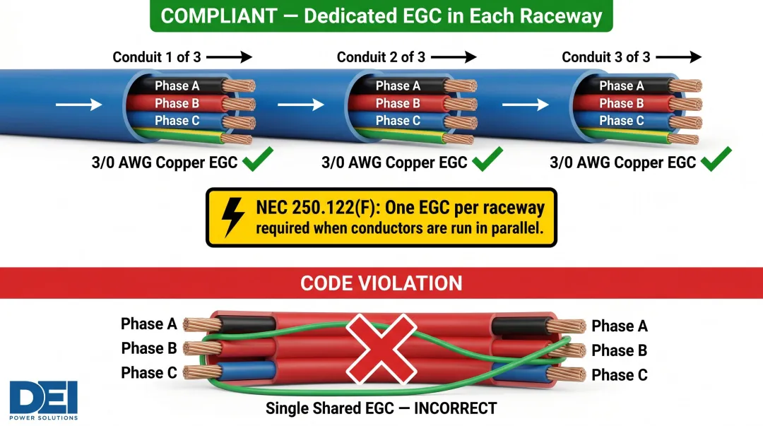 1200A parallel raceway EGC configuration showing three conduits each with 3/0 copper conductor