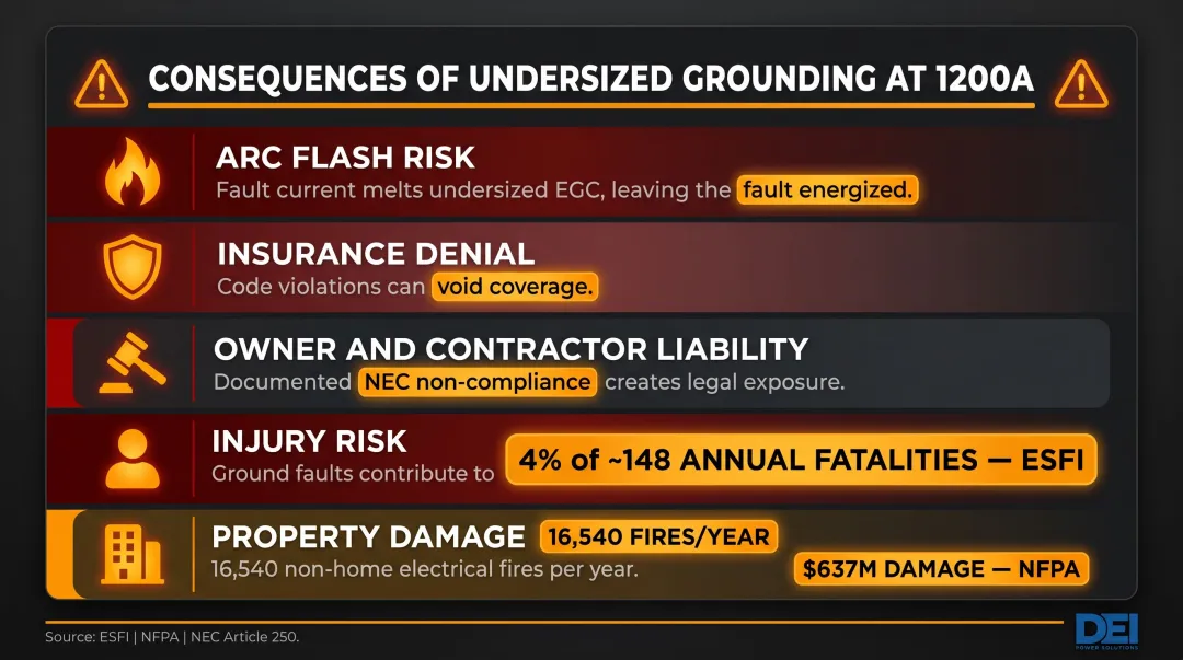 Consequences of undersized ground wire at 1200 amps compliance liability and injury statistics