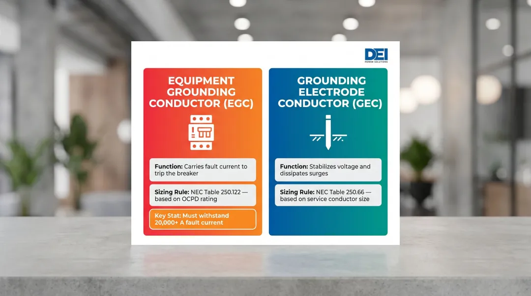 EGC versus GEC function and NEC sizing standard side-by-side comparison infographic