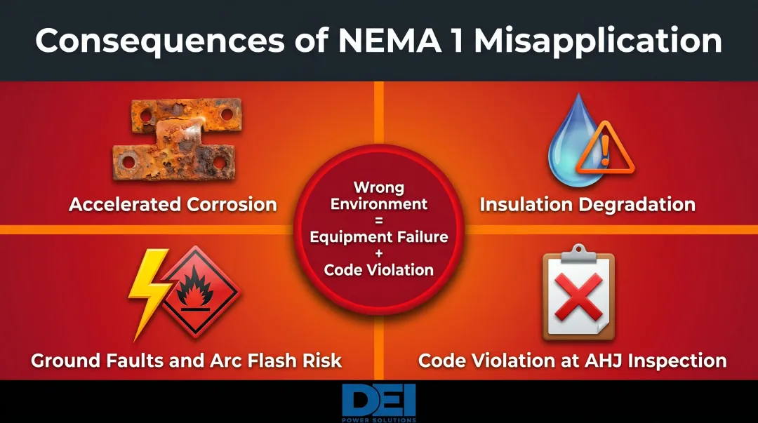 Four consequences of misapplying NEMA 1 switchgear in wrong environments risk diagram