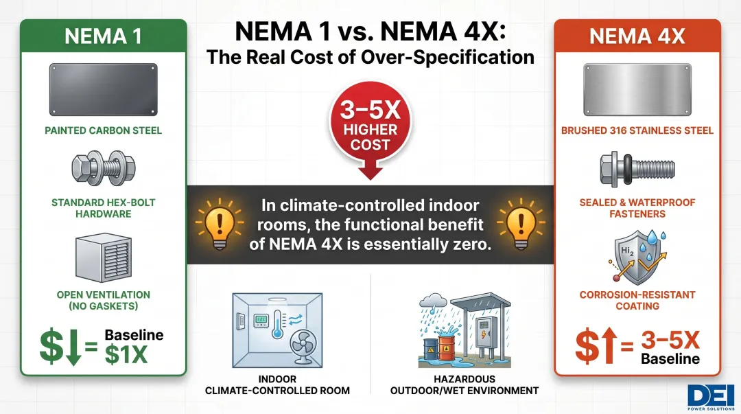 NEMA 1 versus NEMA 4X enclosure cost comparison for indoor switchgear applications