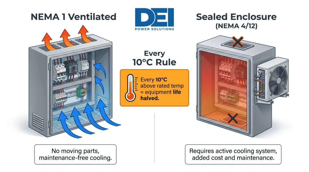NEMA 1 passive ventilation versus sealed enclosure active cooling thermal management comparison