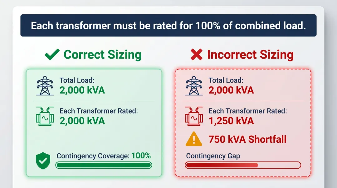 MTM transformer sizing example correct versus incorrect kVA rating comparison infographic