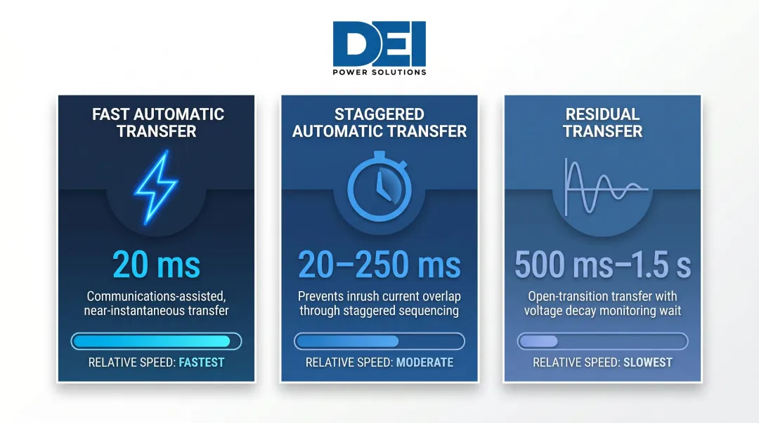 MTM switchgear transfer time comparison fast automatic staggered and residual transfer